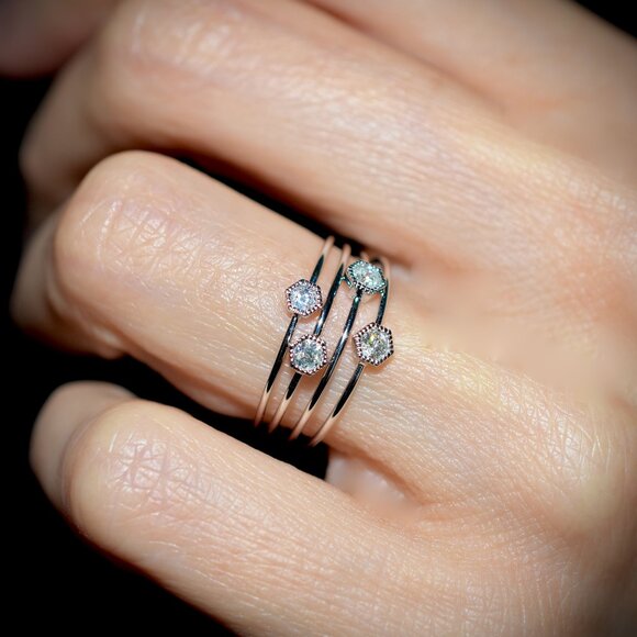 18K White Gold Hexagonal Diamond Petite Solitaire Stack Ring - Picture 4 of 6